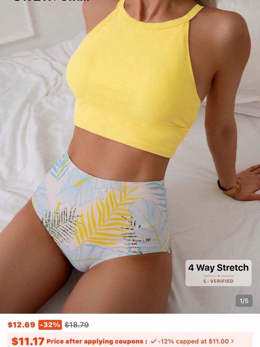 SHEIN Yellow High Neck Bikini Top with Pastel Tropical High-Waist Bottoms